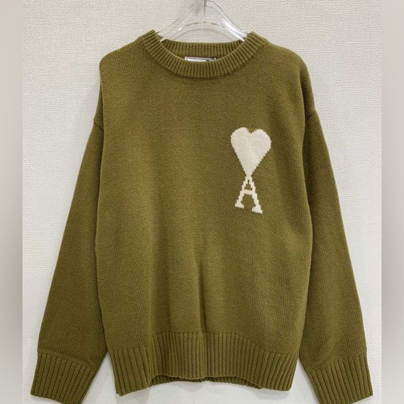 Ami Khaki Sweater with Cream Heart Accent - Picture 1 of 6